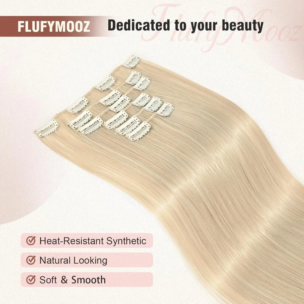New 6PC Clip-in Hair Extensions 24" Long Straight Synthetic - Ash Blonde - Picture 3 of 5